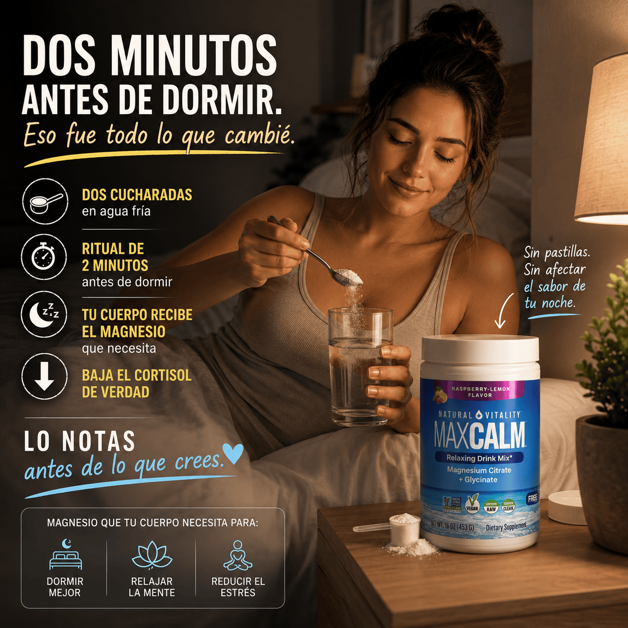 MaxCalm:  bebida antiestrés (Citrato de magnesio Iónico + Glicinato) - Sabor a frambuesa y limón