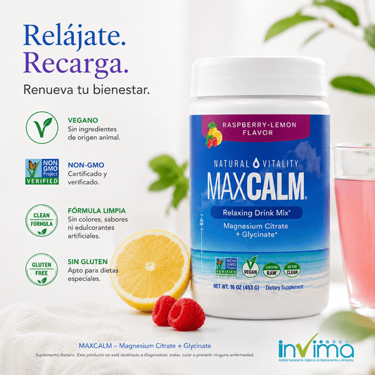 MaxCalm:  bebida antiestrés (Citrato de magnesio Iónico + Glicinato) - Sabor a frambuesa y limón